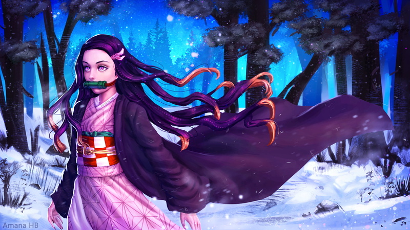 1080P, Kimono, Snow, Nezuko Kamado, Girl, Forest, Demon Slayer: Kimetsu no Yaiba, Anime