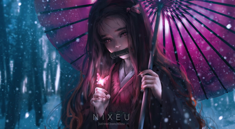 umbrella, butterfly, anime girls, blue background, Kimetsu no Yaiba, Kamado Nezuko, 720P, snow