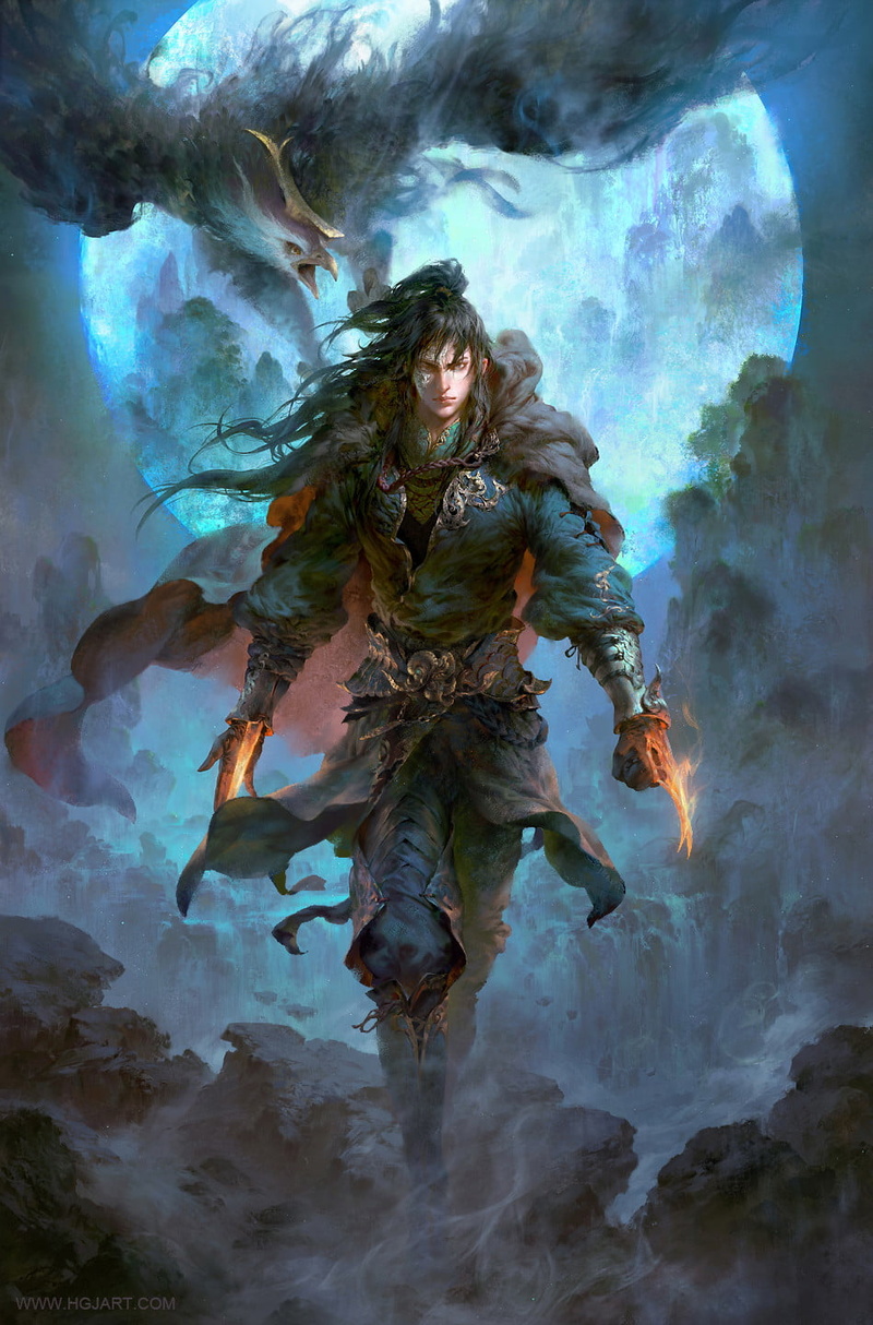 glowing, dark hair, wind, weapon, 720P, birds, blades, cape, claws, warrior, angry, eagle, walking, Moon, smoke, drawing, men