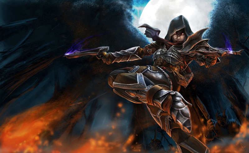 hunter, adult, 2K, outdoors, full length, fantasy, mystery, water, clothing, man, men, gun, animal wildlife, real people, one person, Diablo, costume