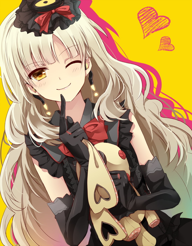 yellow eyes, Vocaloid, gloves, long hair, anime, gray hair, blonde, anime girls, looking at viewer, heart, 720P