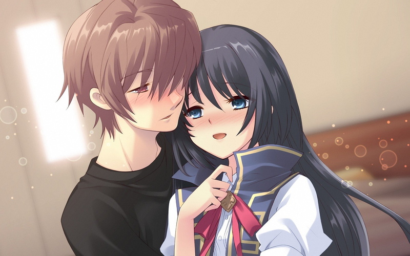 boys, black, anime, heart, eyes, girls, noiji, hair, brown, 1080P, itou, game, brunettes, hugging, blush, flyable, blue