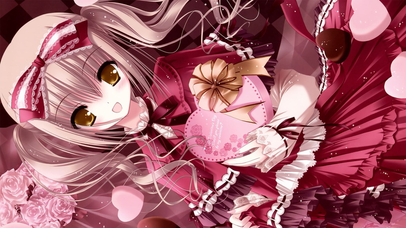 roses, valentines, girl, flowers, anime girls, chocolate, hd, tinkle illustrations, dress, anime, day, blondes, valentines day, hearts, 1080P, ribbons