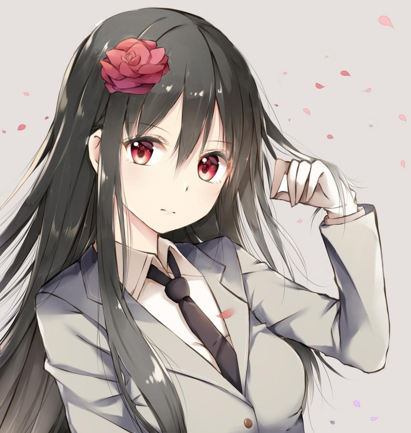 white background, long hair, business suit, 720P, hair, disguise, females, portrait, indoors, mask - disguise, one person, mask, red, headshot, beauty