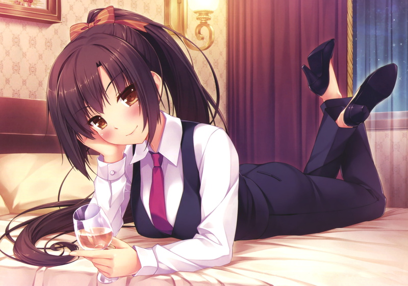 anime, long hair, anime girls, brunette, 2K, drink, business suit, brown eyes