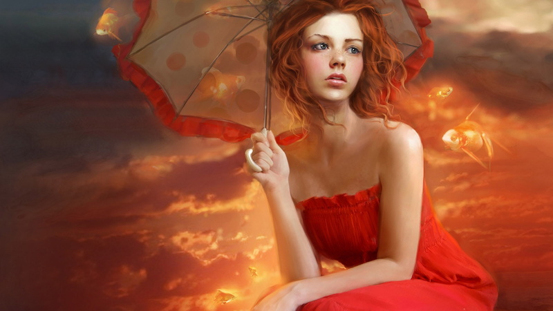 redheads, red, women, fantasy, dress, orange, goldfish, skyscapes, art, abstract, umbrellas, 1080P, girls, x, artwork, hd, surreal
