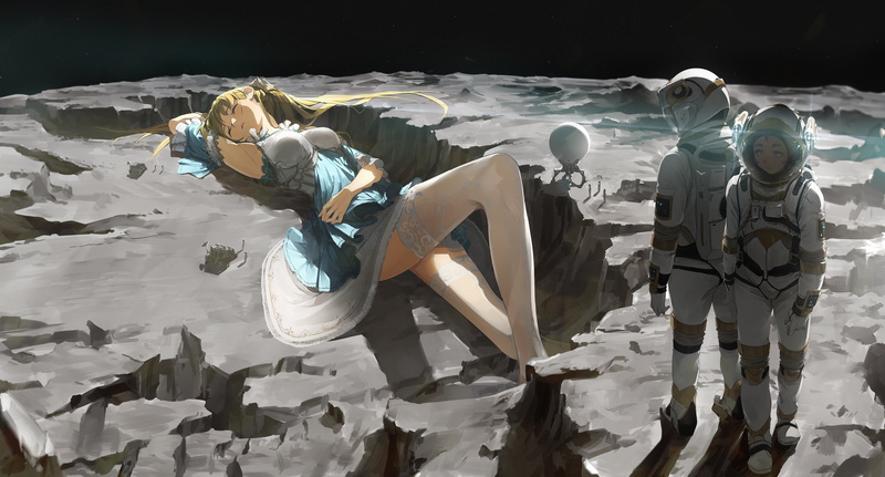Moon, anime, anime girls, giant, space suit, stars, closed eyes, white legwear, long hair, yellow hair, 4K