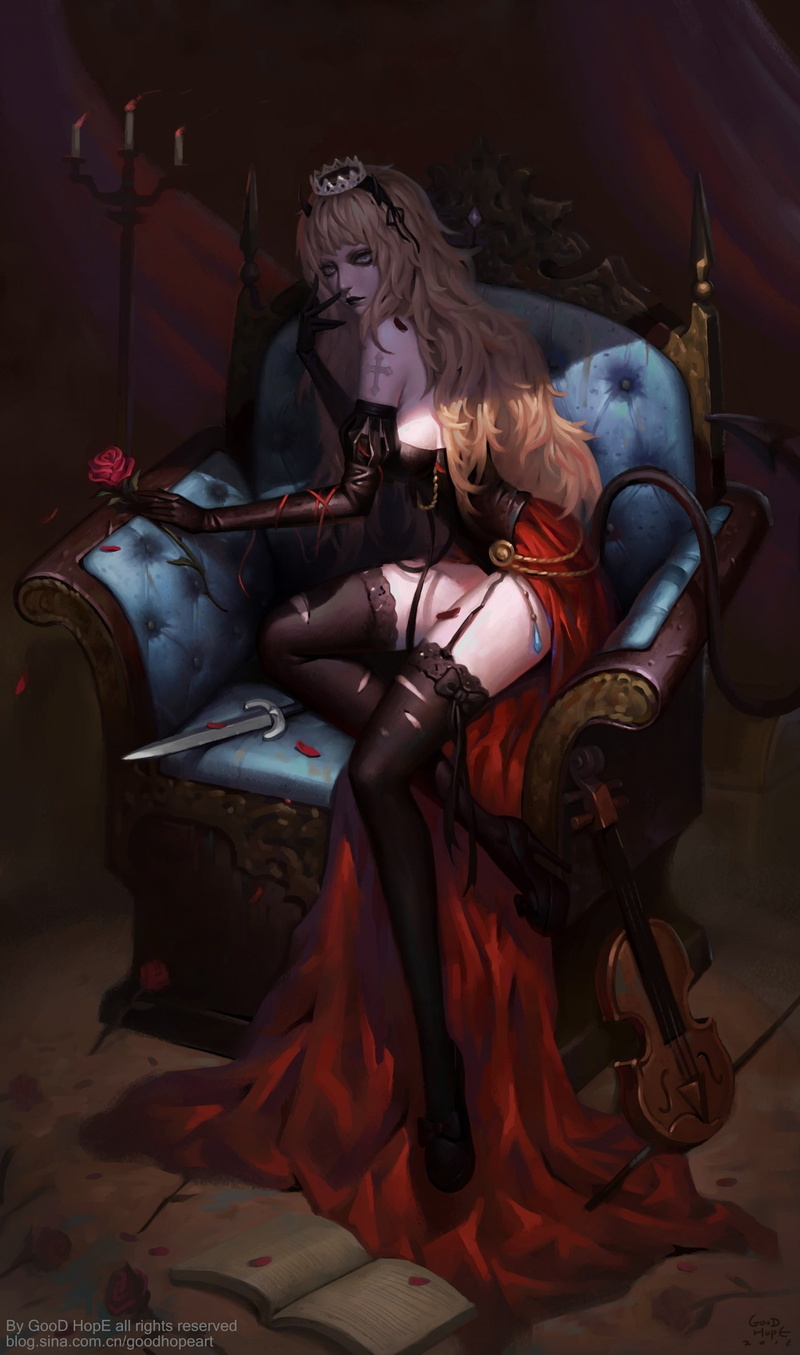 horns, tail, demon, fantasy art, crown, 2K, rose