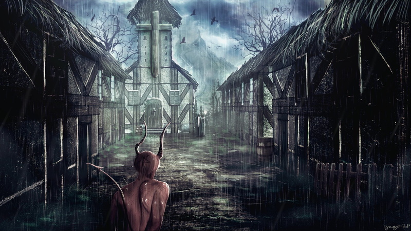 water, built structure, Fantasy, day, fog, Church, tree, wood - material, animal wildlife, bird, Rain, Town, outdoors, Demon, Horns, environment, rear view