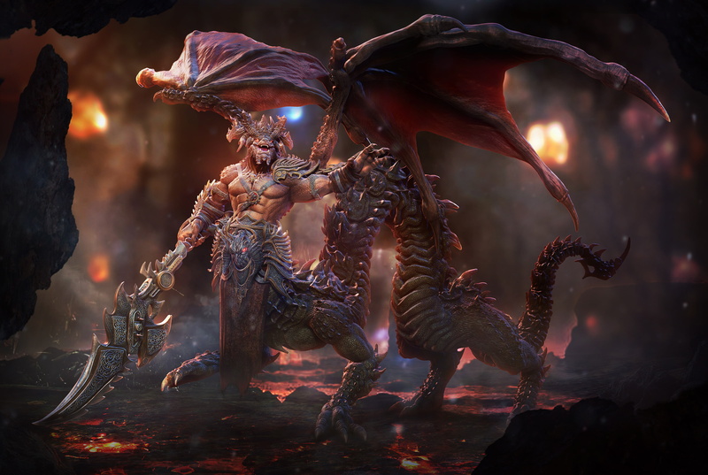 Lord Sorrow, dragon, cave, sword, the demon, art, tail, wings, 4K, lava