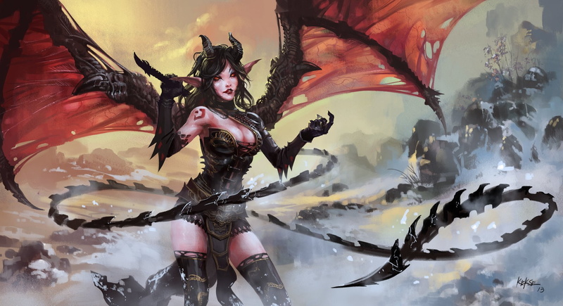 Fantasy, 1080P, Girl, Tail, Demon, Horns, Wings