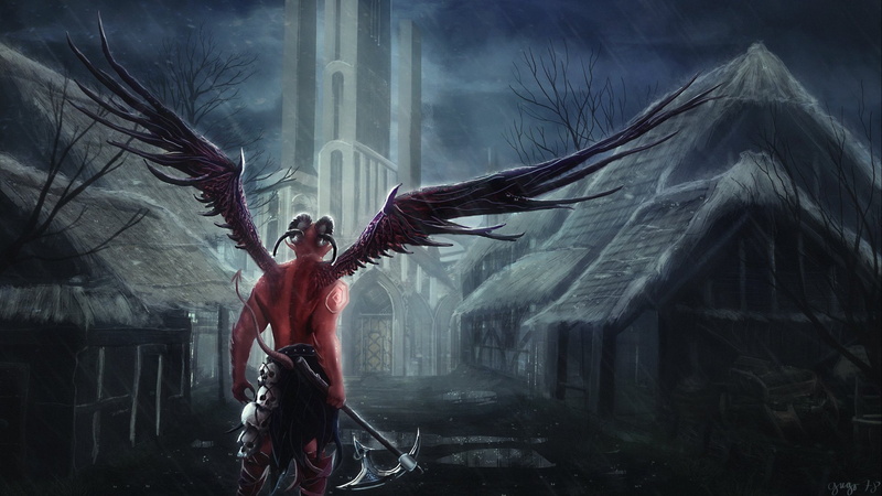 Horns, Wings, Fantasy, Tail, Weapon, Town, Demon, 1080P, Night