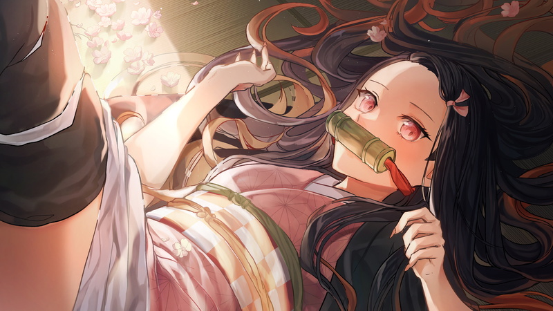 Nezuko, brunette, digital art, looking at viewer, gag, 8K, anime girls, Kimetsu no Yaiba, Kamado Nezuko, black hair, long hair, anime, pink eyes, artwork