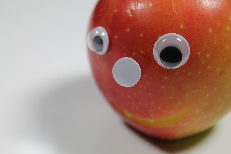 single object, bite off, laugh, apple, figure, freshness, orange color, autumn, food, close-up, ripe, studio shot, copy space, funny, wellbeing, still life