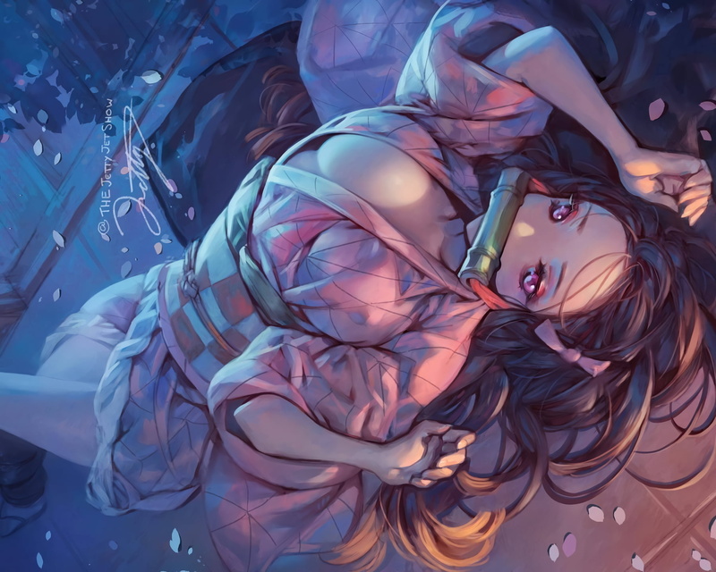 cherry blossom, long hair, black hair, no bra, flowers, kimono, pink hair, Japanese clothes, 720P, Kimetsu no Yaiba, gag, Kamado Nezuko