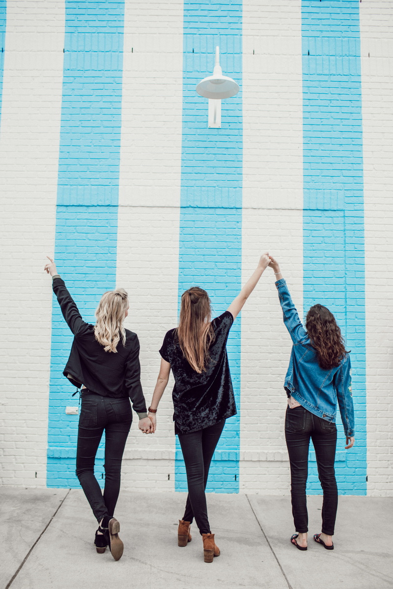 desgin, architecture, three, women, hairstyle, hands, modern, walking, real people, lifestyles, young women, modern design, front view, black, 5K, togetherness