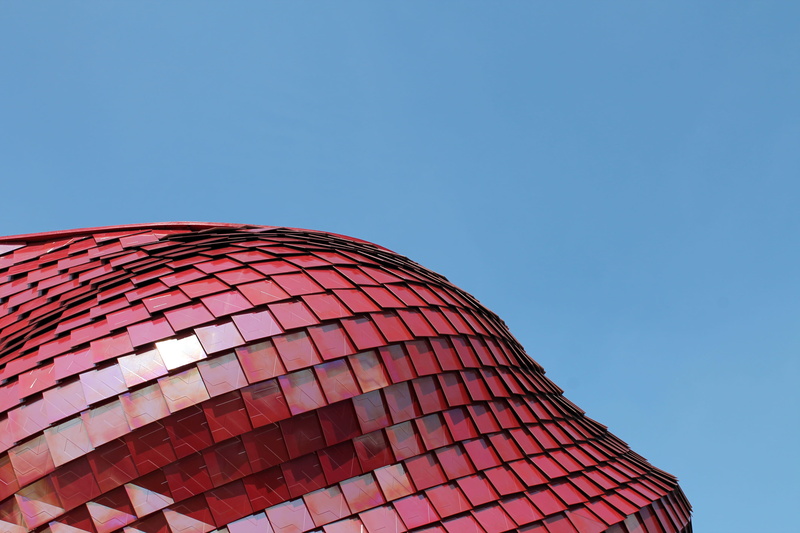 low angle view, italy, pattern, milan, clear sky, sunny, no people, red, expo, modern, arts culture and entertainment, pink color, bright, italia, day