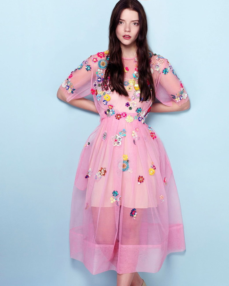 simple background, pink dress, 720P, brunette, dark hair, Anya Taylor-Joy, long hair, gradient, women, see-through dress