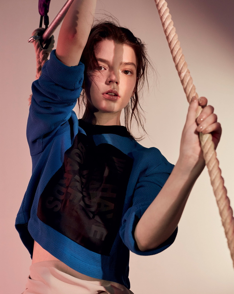 dark hair, Anya Taylor-Joy, ropes, simple background, brunette, women, gradient, 1080P, pink background, actress