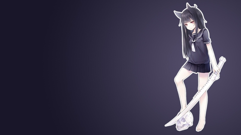 Nekomu, Barefoot, skull, Black Hair, Skirt, Original Characters, Gradient, sexy anime, Anime Girls, Nekomimi, sword, Simple Background, Long Hair, School Uniform