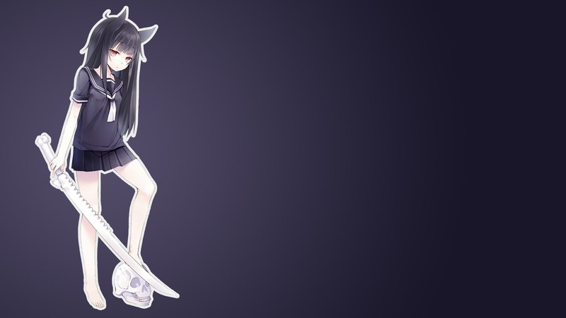 skirt, red eyes, 1080P, school uniform, long hair, sword, simple background, black hair, barefoot, Nekomu, original characters, nekomimi, animal ears
