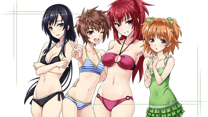 red, eyes, bikini, com, matsuryuu, hair, swimsuit, hold, navel, short, black, breasts, 239128, gray, konachan, wink, ponytail, brown, 1080P, long, purple