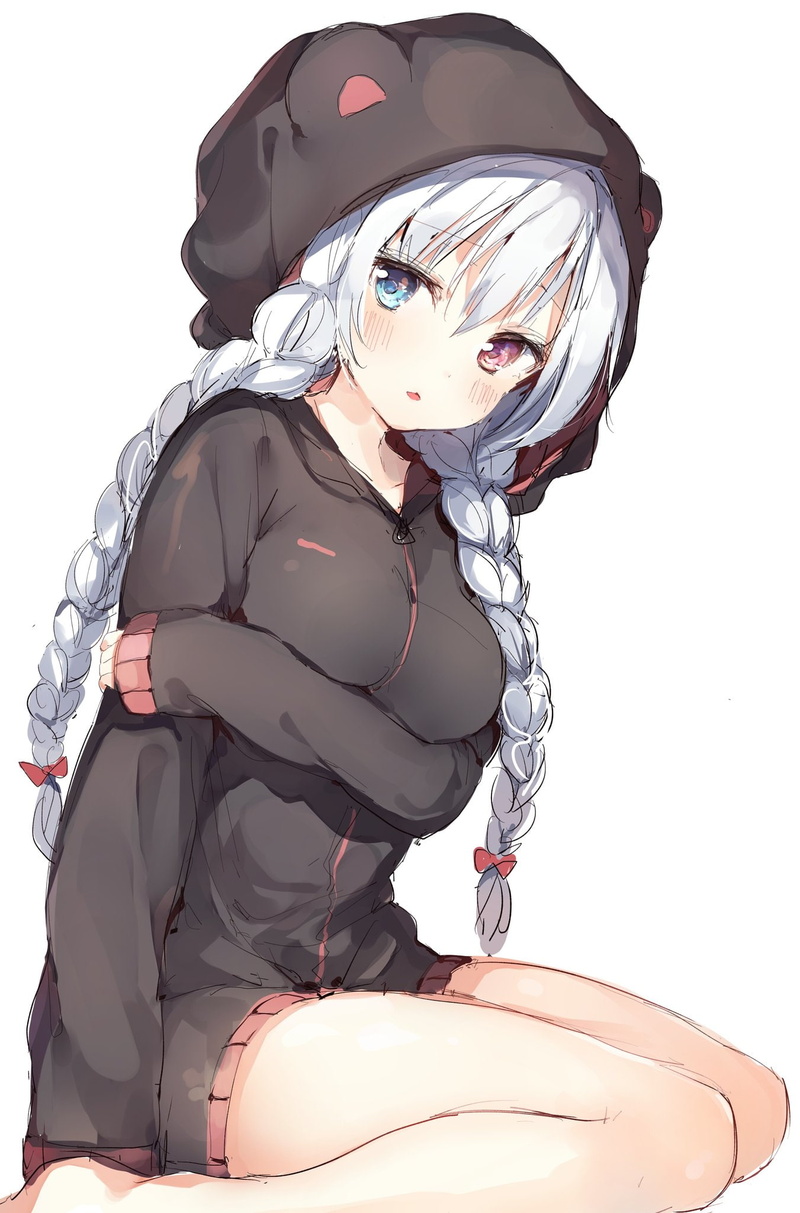 teenager, anime, 1080P, cut out, twintails, heterochromia, women, girls, childhood, white background, silver hair, depression - sadness, one person, headwear