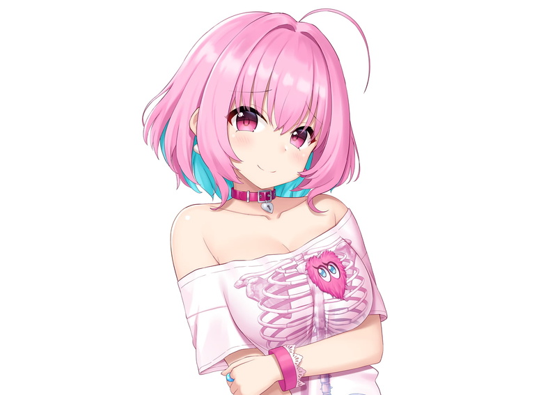 720P, Riamu Yumemi, short hair, pink eyes, collar, breast hold, cleavage, multi-colored hair