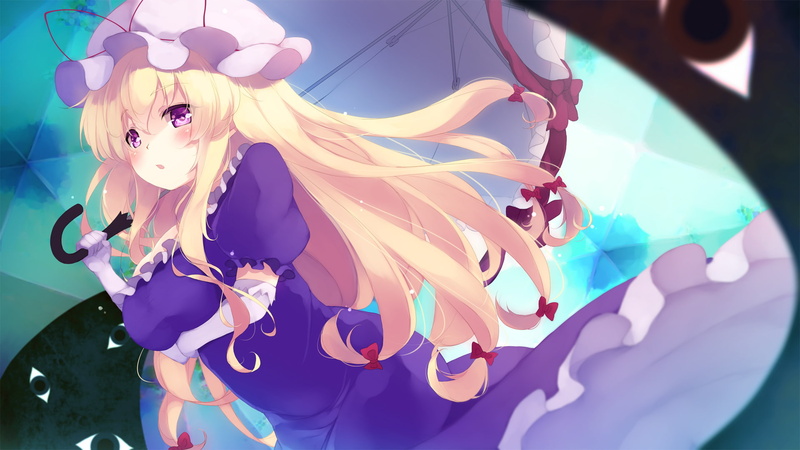 blush, yakumo, elbow, gengetsu, blonde, purple, 1080P, gloves, touhou, bow, hat, konachan, hair, chihiro, breasts, hold, 254434, yukari, umbrella, com