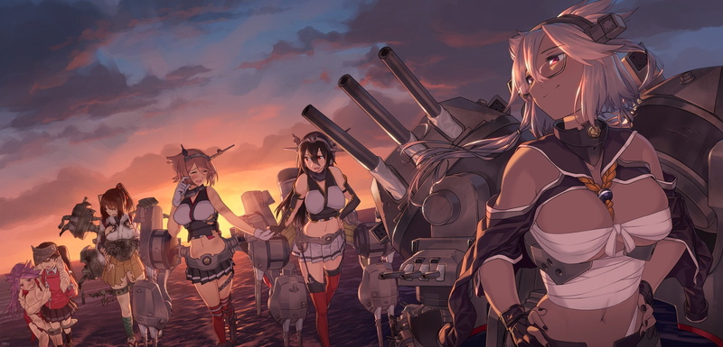 sarashi, mutsu, glasses, breasts, group, ise, (kancolle), sunset, clothes, torn, blew, thighhighs, and, cleavage, bra, hold, 2K, white