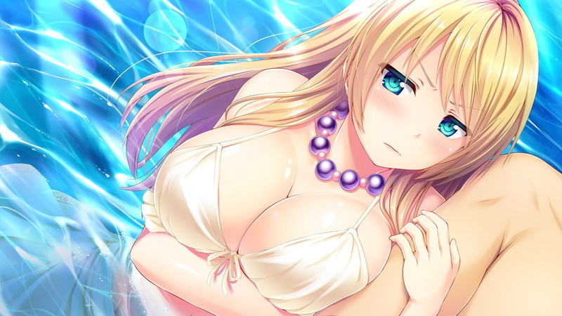 necklace, eyes, hug, breasts, swimsuit, blonde, aqua, bikini, noeru, mochio, water, hold, 1080P, game, male, cleavage, konachan, blush, close, hair, long