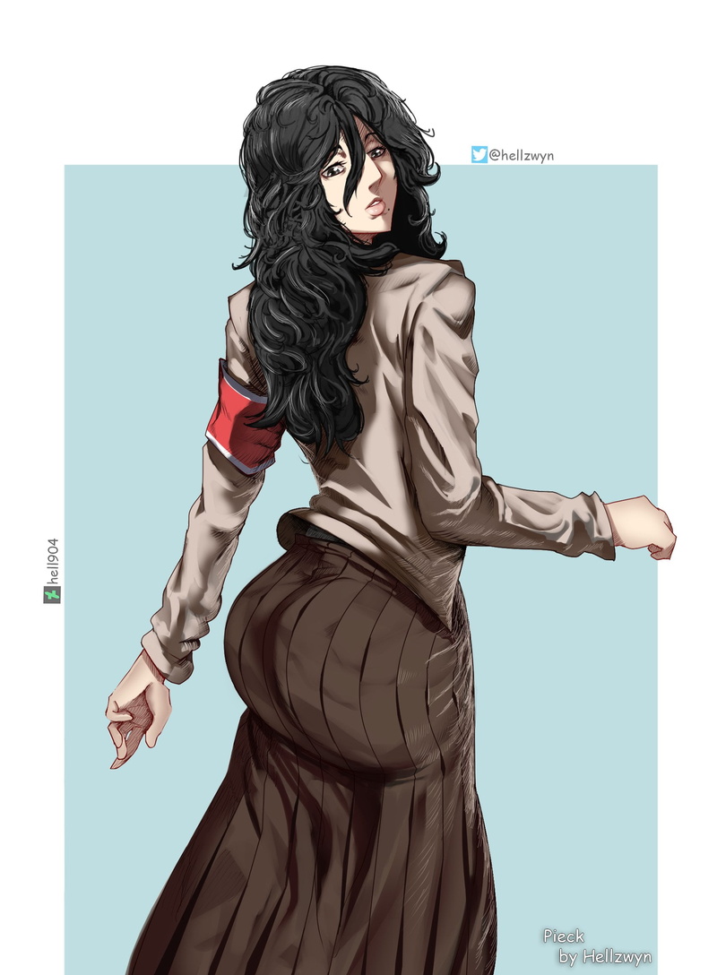mole under mouth, solo, from behind, long sleeves, parted lips, messy hair, looking back, black eyes, Shingeki no Kyojin, thick ass, curly hair, anime girls