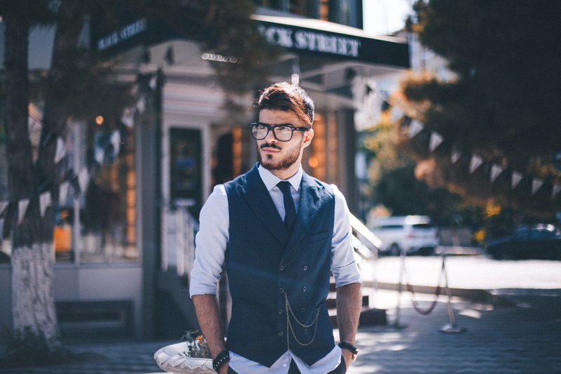 standing, man, cafe, architecture, adult, suit, city life, glasses, gray, 5K, street, near, beard, beautiful people, business finance and industry, handsome