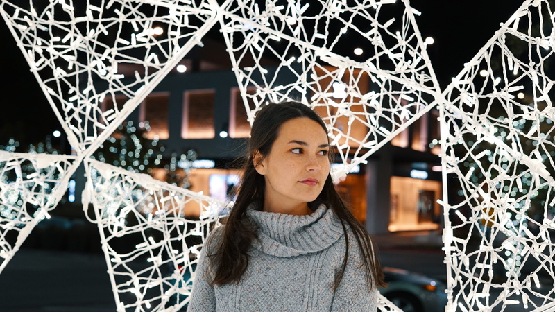 lights, standing, portrait, young women, waist up, front view, woman, photo, sideways, looking, one person, hair, built structure, focus on foreground