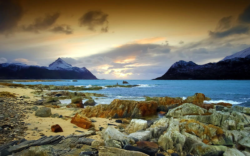 sunrise, sound, water, clouds, sand, sky, nature, mountains, lakes, scenic, wood, waves, rocks, sunset, shore, 1080P, beaches, landscapes
