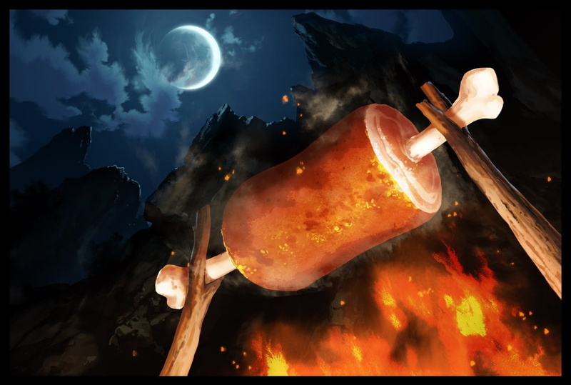flame, smoke - physical structure, cloud - sky, outdoors, marine, food, bonfire, orange color, anime, meat, food and drink, transfer print, close-up, no people