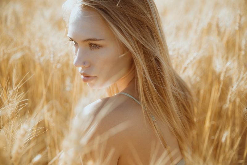 wheat, plant, beige, beauty, outdoors, cereal plant, crop, hairstyle, summer, women, land, Ruby James, nature, agriculture, nose piercing scar, landscape
