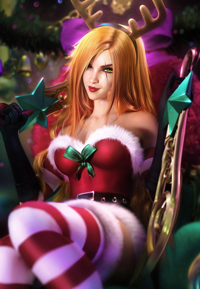 anime girls, League of Legends, 720P, striped leggings, Santa costume, Sevenbees, Katarina du Couteau