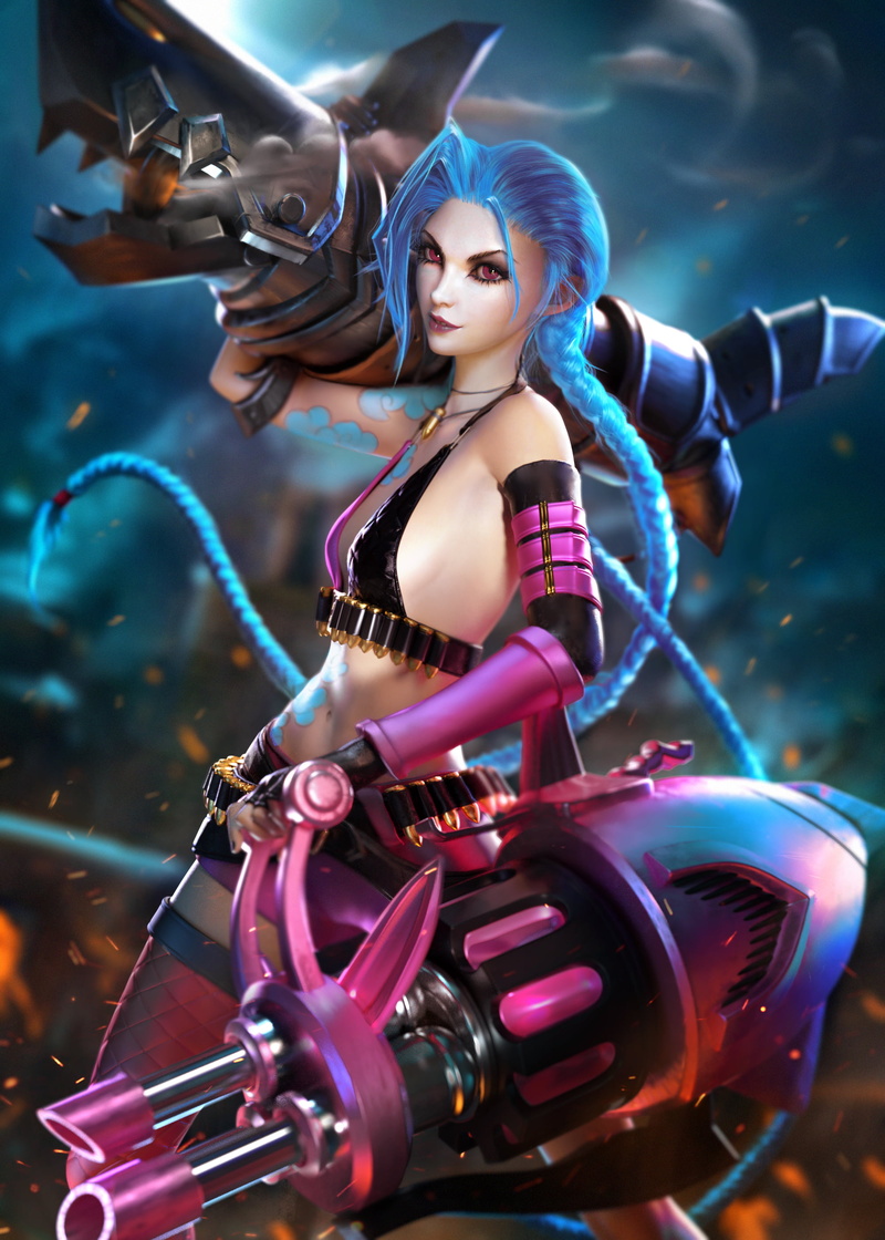 Sevenbees, weapon, ammunition, 2K, CGI, 3D, braided hair, League of Legends, blue hair, bikini top, digital art, fan art, video game characters, looking at viewer