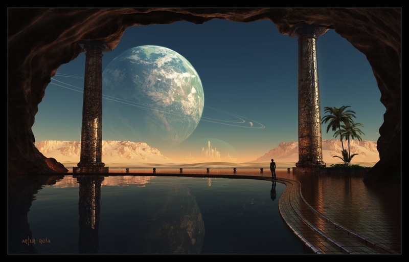 desert, fantasy, tau, Sand, deserts, digital, x, nature, mountains, hd, moon, d, cave, caves, art, 720P, rings