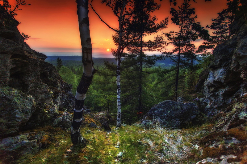 the sun, 1080P, Blue rocks, Paul Sahaidak, sunset, nature, Ural-Tau, trees