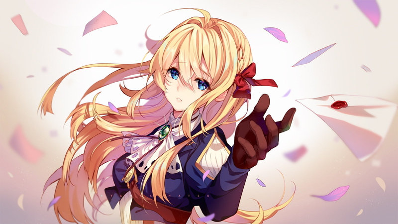 leisure activity, headshot, gloves, looking at camera, violet evergarden, young women, hair, blonde, blue eyes, young adult, standing, blond hair, portrait
