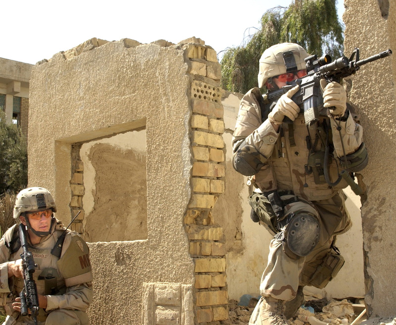 aiming, War and Army, clothing, gun, building exterior, s, armed forces, army soldier, marine, architecture, built structure, day, nature, two people