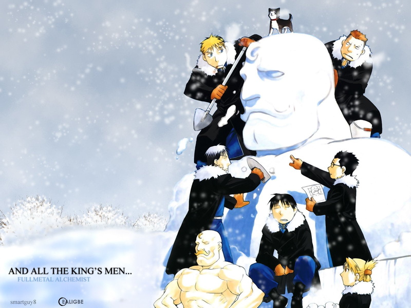 Jean Havoc, Winter, Vato Falman, Dog, Sculpture, Heymans Breda, Alex Louis Armstrong, 720P, FullMetal Alchemist, Roy Mustang, Kain Fuery, Riza Hawkeye