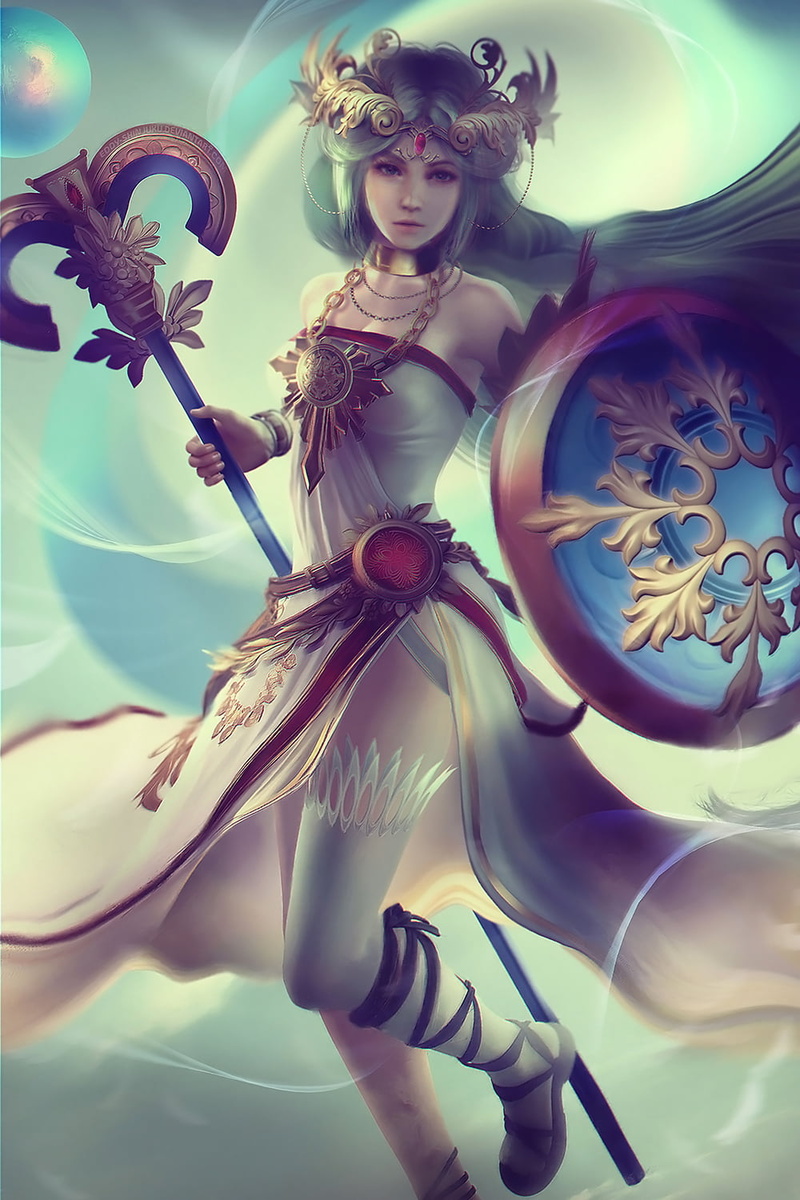 gems, fantasy art, Eddy Shinjuku, women, 720P, shield, tiaras, straps, jewelry, floating, drawing, dress, ruby, staff, long hair, gold