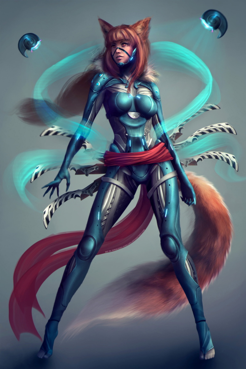 2K, tail, fox girl, Eddy Shinjuku, animal ears, fantasy art, simple background, fantasy girl, standing, women