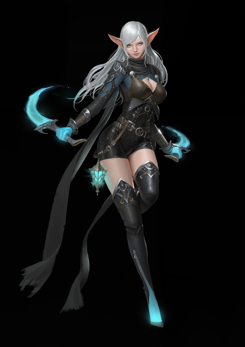 long hair, thigh-highs, drawing, blue eyes, elves, weapon, dagger, black background, armor, silver hair, 2K, Hyunjoon Kim, women, simple background, glowing