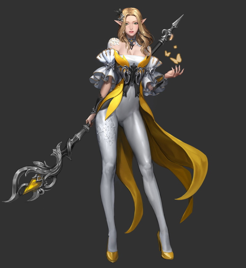 Jooyoung Park, long hair, wavy hair, hair accessories, butterflies, magician, yellow clothing, staff, spell, simple background, elves, drawing, dress, women