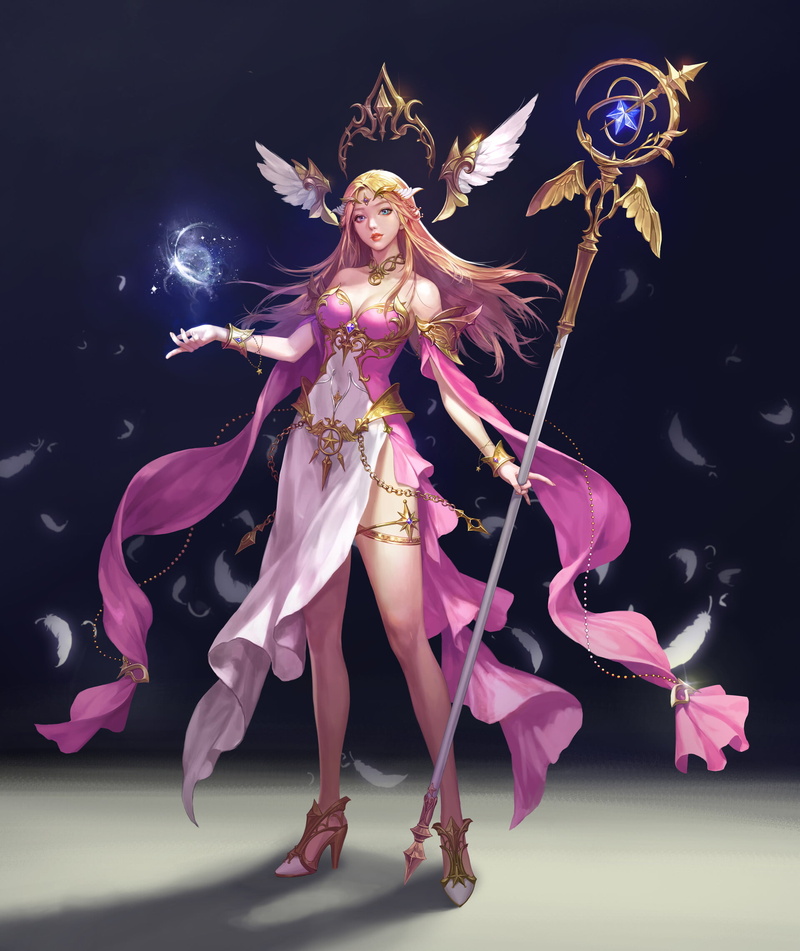staff, 1080P, crown, looking at viewer, wind, Minsook An, gold, pink clothing, long hair, drawing, women, straight hair, blue eyes, wings, spell, dress