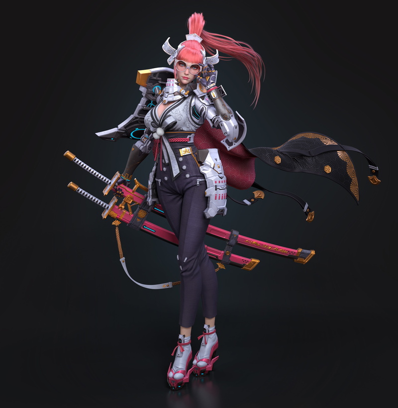bodysuit, glasses, katana, wind, cape, CGI, blue eyes, 2K, armor, Cifangyi, pink, weapon, ponytail, pink hair, women, long hair